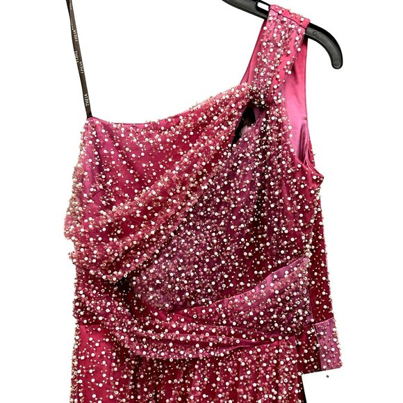 Theia Sz 4 Pearl Embellished One-Shoulder Fuchsia Beaded Dress NWT - Picture 4 of 9